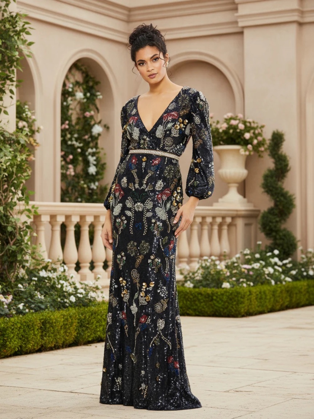 Mac Duggal Evening 93546 Midnight Multi Embellished Bishop Sleeve Gown $1798